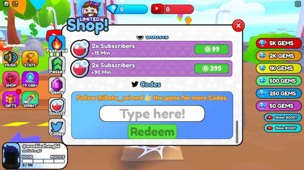 Codes redemption menu in Viral Youtuber Tycoon