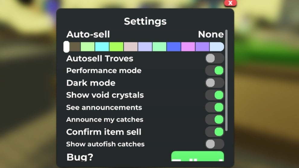 The settings page in Void Fishing.