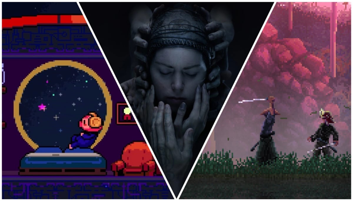 A split image, showing screenshots from AStro Pig, Senua's Saga: Hellblade II, and First Cut: Samurai Duel.