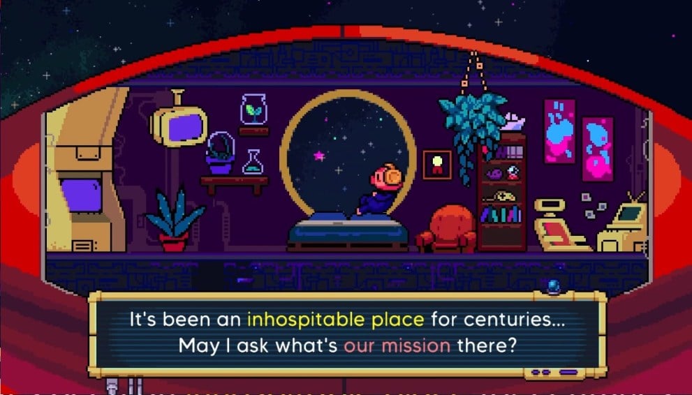 A pixel-art pig lies on its bed, looking up at the stars