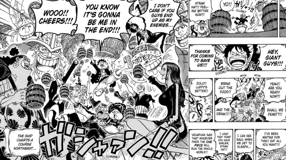 Straw Hats Celebrating With Giant Pirates in One Piece 1124