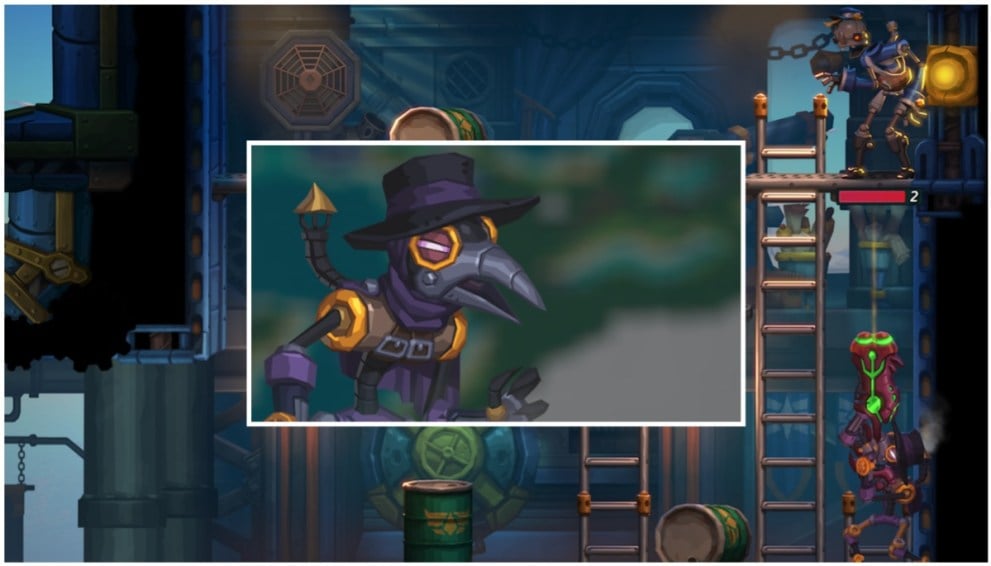 SteamWorld Heist II companion character Barbara's portrait, inset on an image of them in action. 