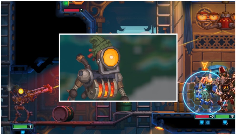 SteamWorld Heist II companion character Beacon's portrait, inset on an image of them in action.