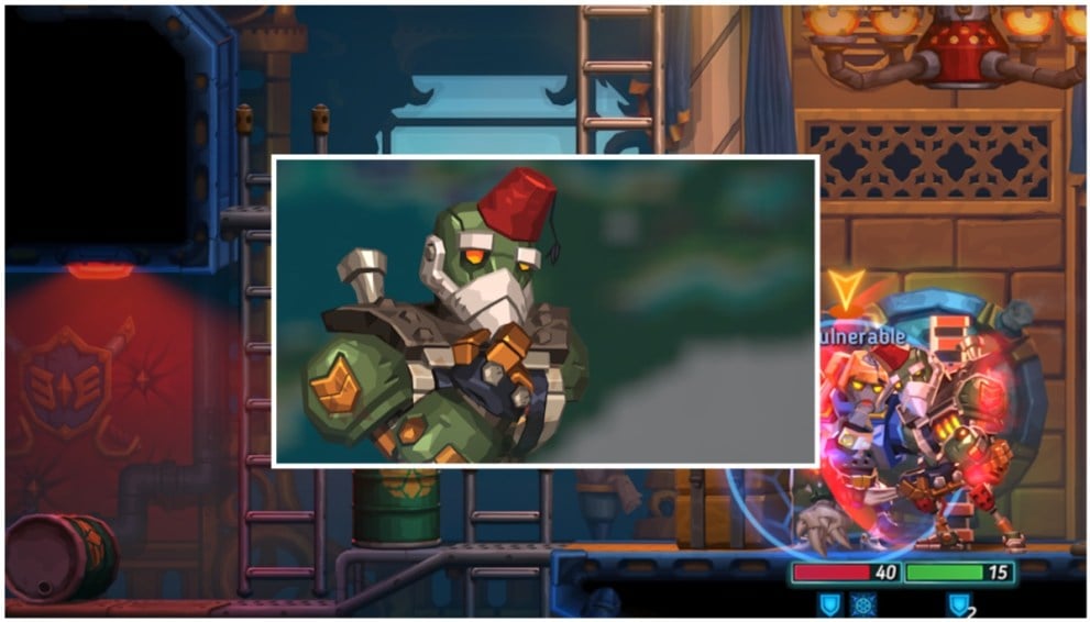 SteamWorld Heist II companion character Cornelius's portrait, inset on an image of them in action. 