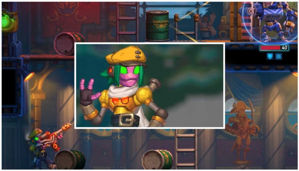 SteamWorld Heist II companion character Daisy's portrait, inset on an image of them in action. 