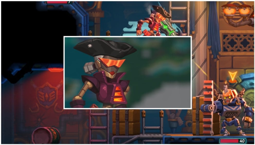 SteamWorld Heist II companion character Dame Judy Wrench's portrait, inset on an image of them in action. 