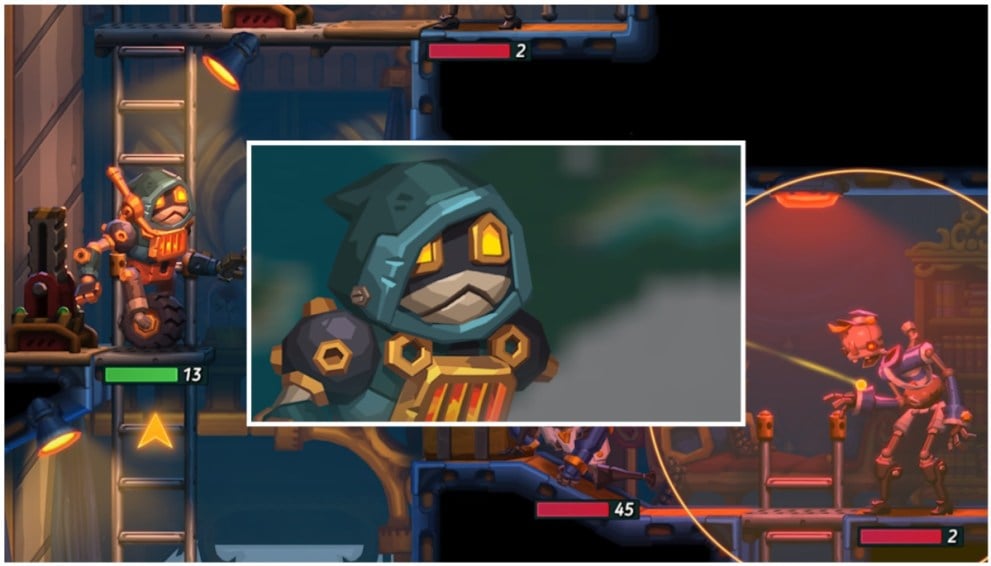 SteamWorld Heist II companion character Poe's portrait, inset on an image of them in action. 