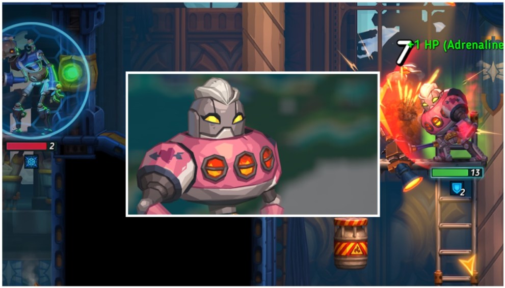 SteamWorld Heist II companion character Rosa's portrait, inset on an image of them in action. 