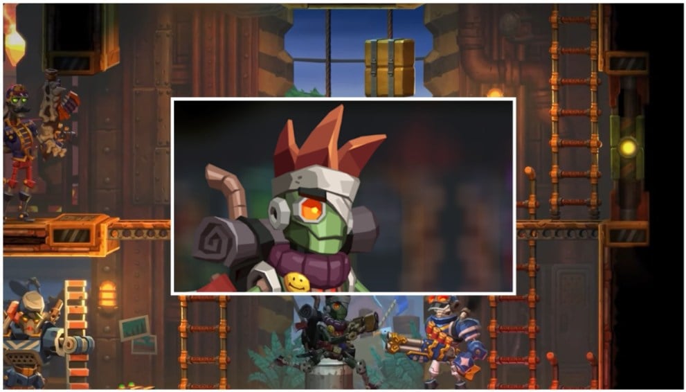 SteamWorld Heist II companion character Tristan's portrait, inset on an image of them in action. 