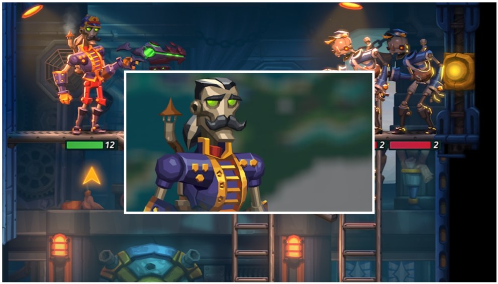 SteamWorld Heist II companion character Wesley's portrait, inset on an image of them in action. 