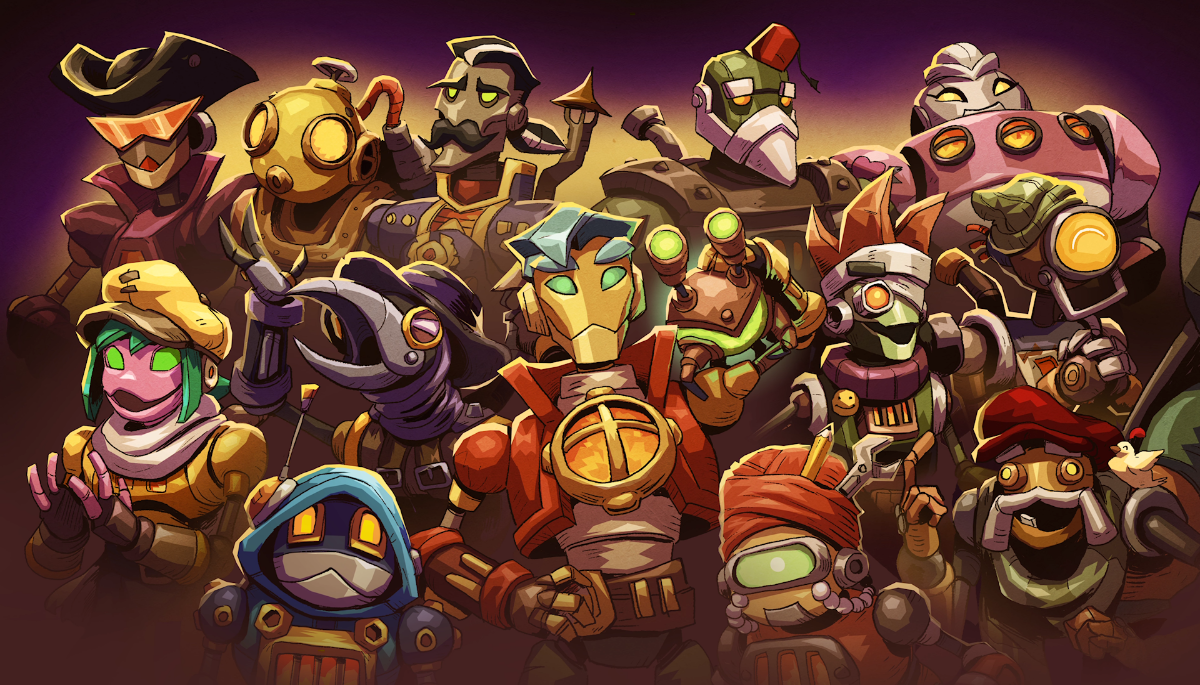 The SteamWorld Heist II protagonists and companions group together for a picture to be taken.