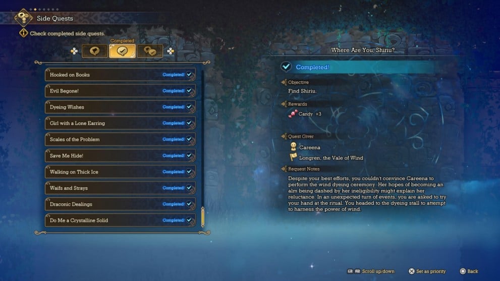 Visions of Mana Side Quest Menu View