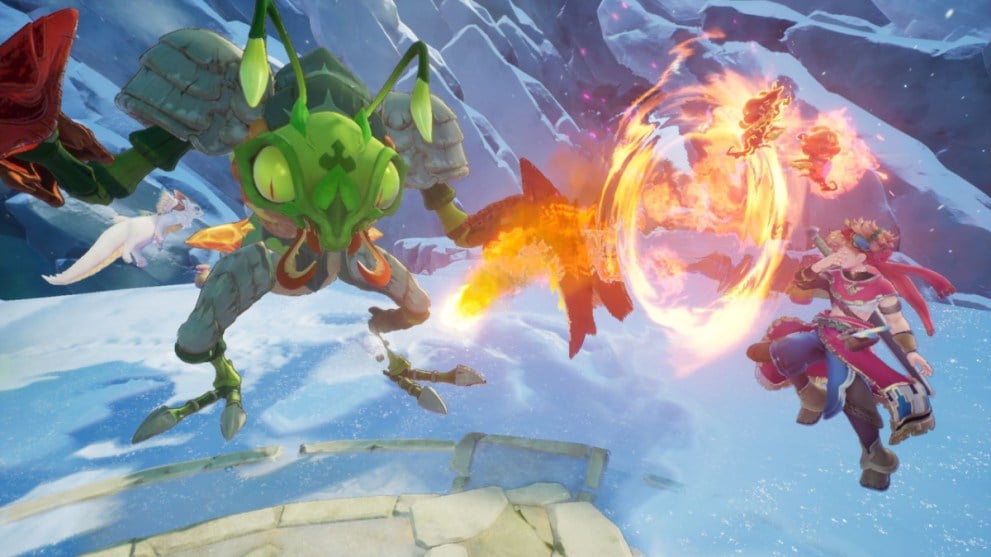 Val Using Fire Elemental Attack Against Mantis in Visions of Mana