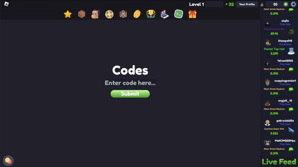 The code redemption screen in Case Opening Simulator 2.