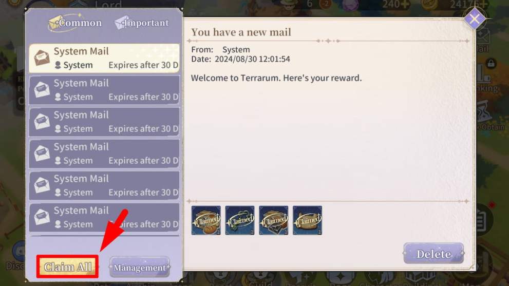 Mail menu in Tales of Terrarium