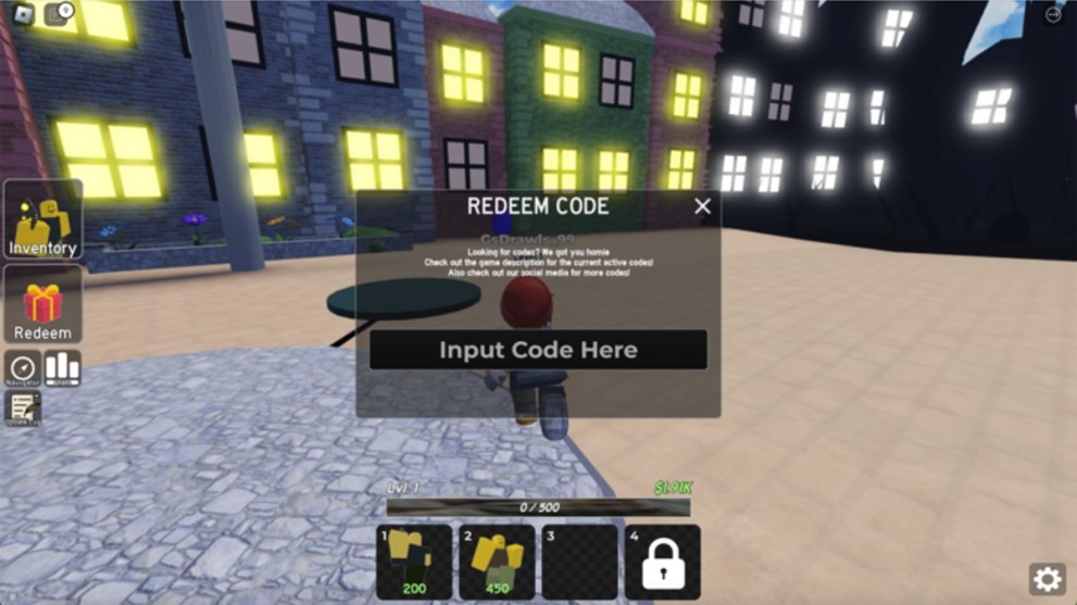 The code redemption screen in Goofy Tower Defense.