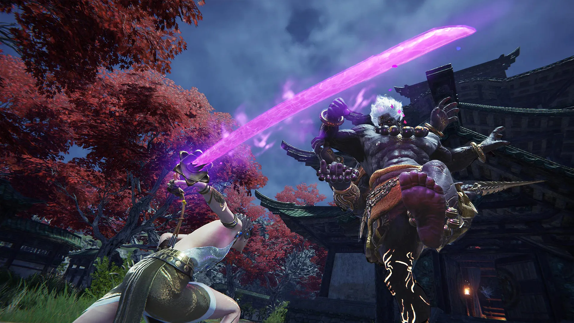 How to play Naraka: Bladepoint with Controller on PC - a samurai fighting a demon with a purple sword