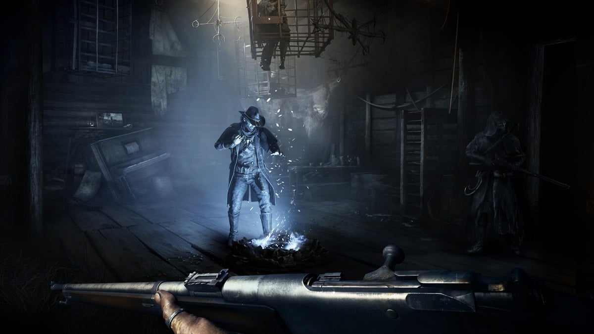 Hunt Showdown Server Status - a cowboy in blue light with the player holding a rifle in the foreground