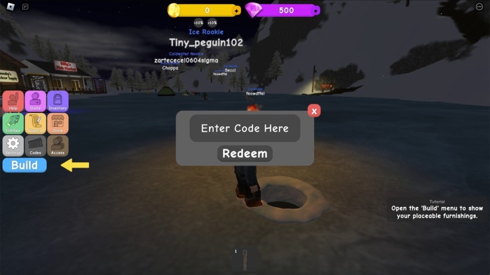 The code redemption screen in Ice Fishing Simulator.