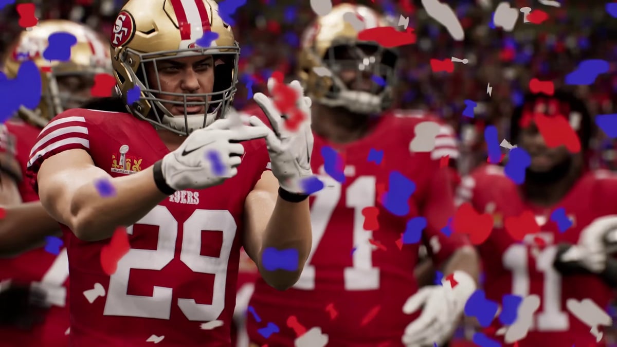 Madden 25 Franchise Mode - a player celebrating a goal raising up his hands