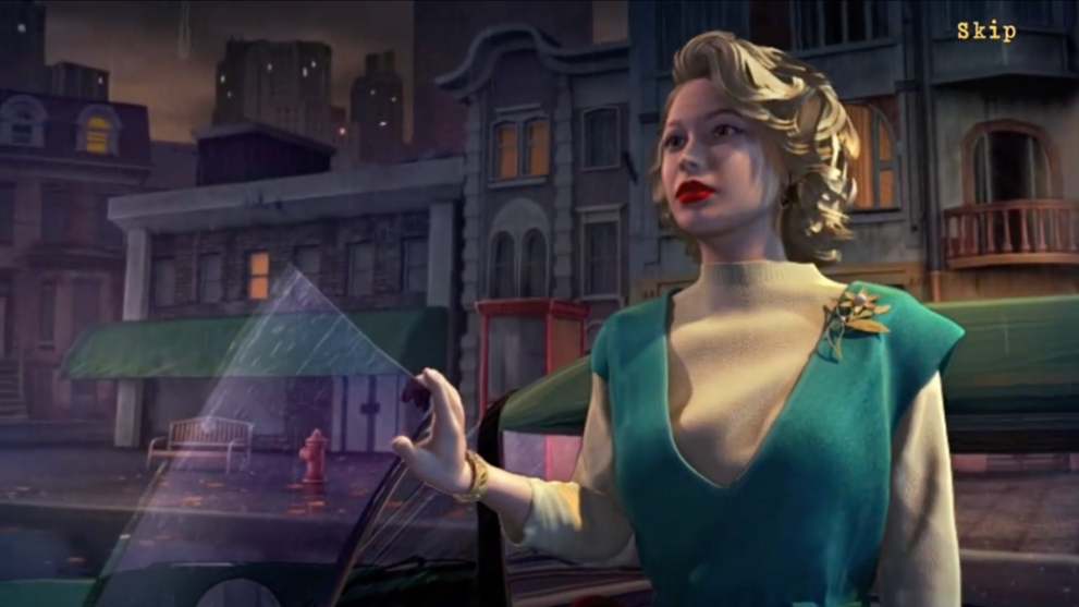 new york mysteries 5 power of art chapter 1  Woman with blonde hair steps out of the vehicle in a green dress