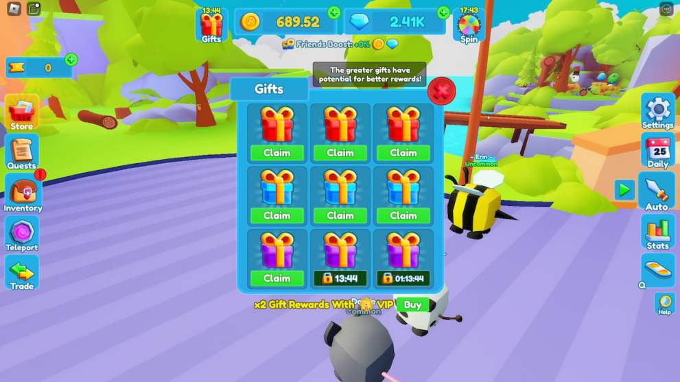 Playtime rewards menu in Mystery Chest Simulator