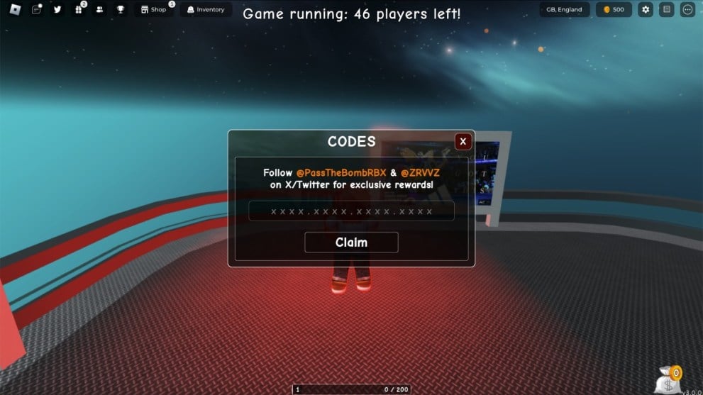 The code redemption screen in Pass the Bomb.