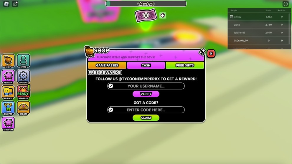 The code redemption screen in Princess Tycoon.