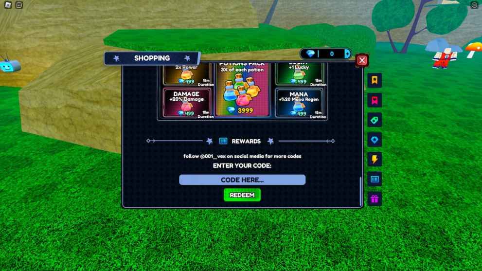 Codes redemption menu in the Anime League Roblox experience