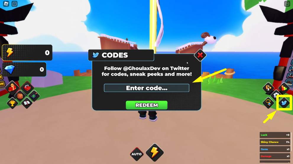 Codes redemption menu in Anime Power Evolution Roblox experience