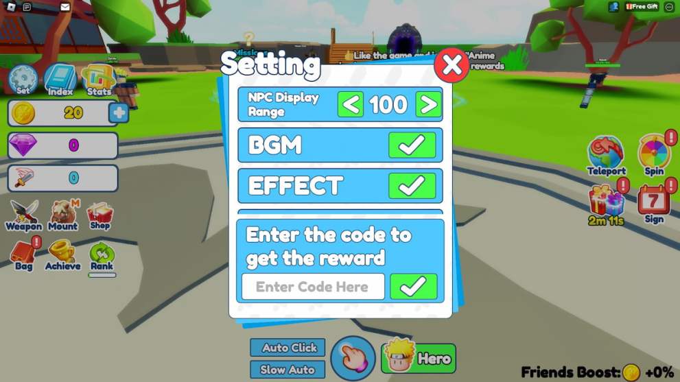 Codes redemption menu in Anime Simulator 99