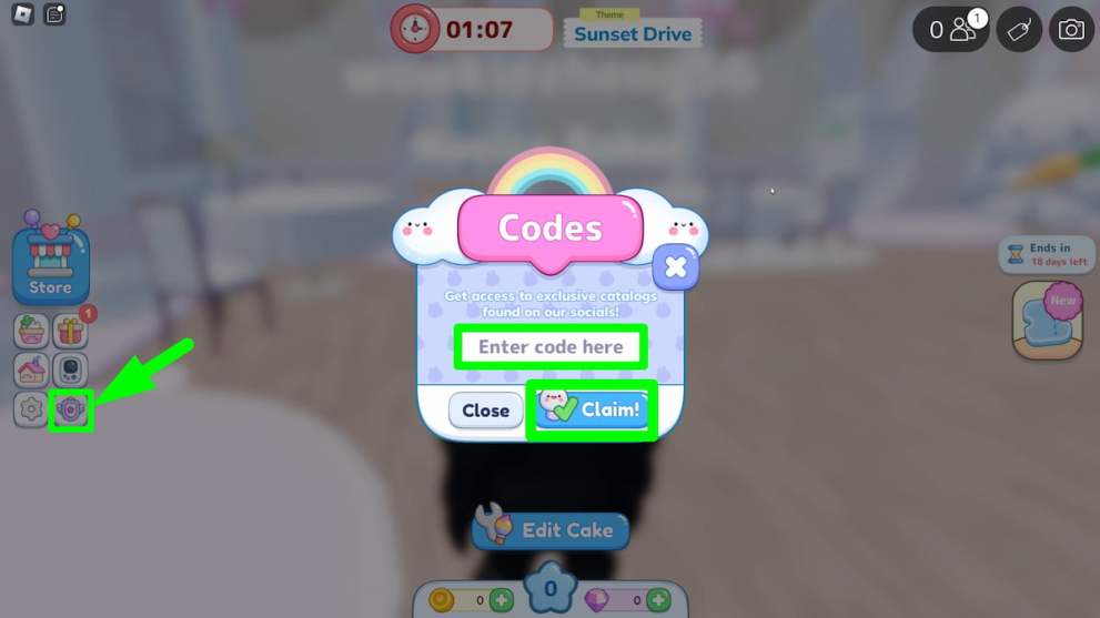 Codes redemption menu in the Cake Off Roblox experience