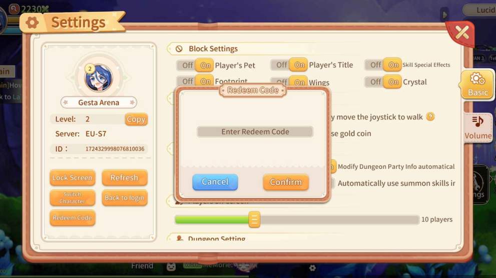 Codes redemption menu in LaTale M: Side-Scrolling RPG