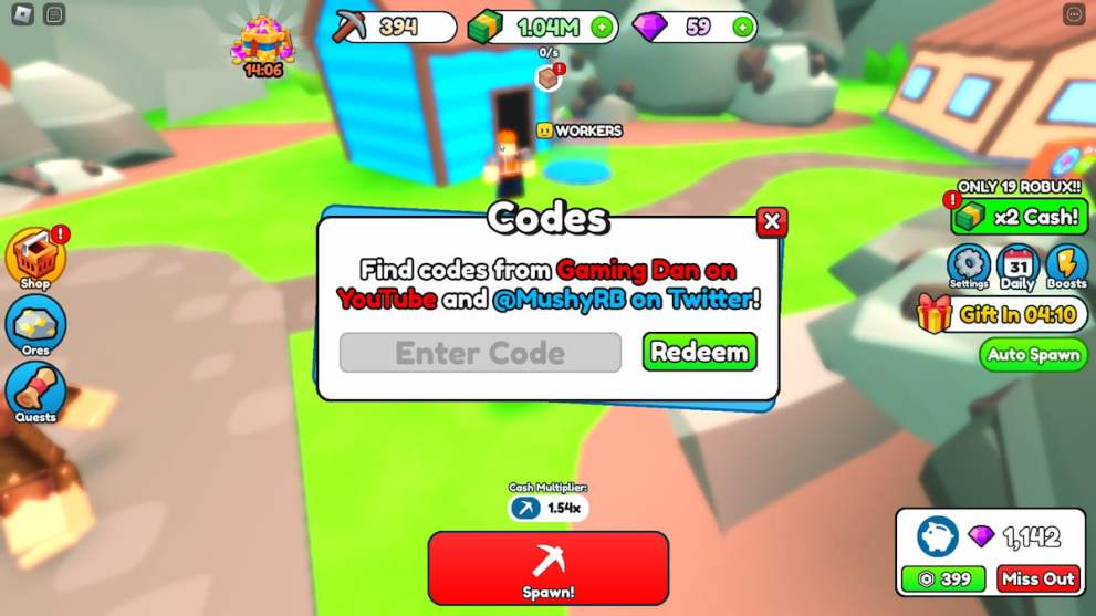 Codes redemption menu in the Mining Empire Roblox experience