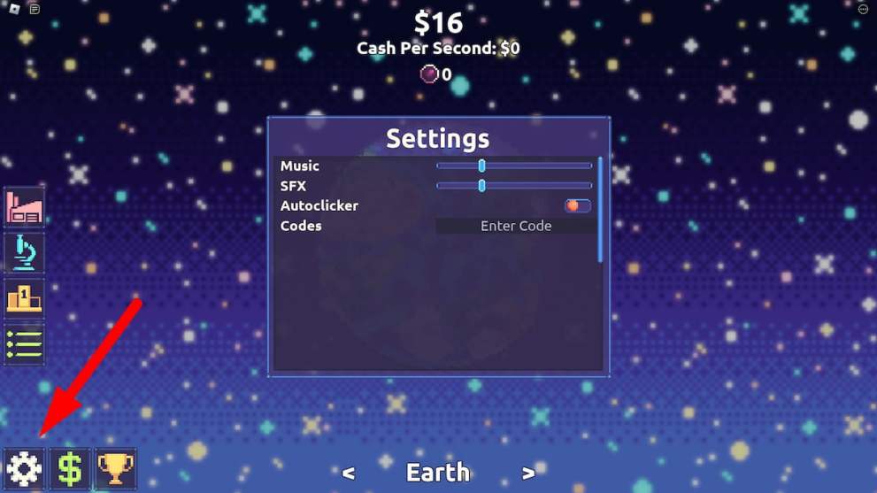 Codes redemption menu in Planet Clicker 2