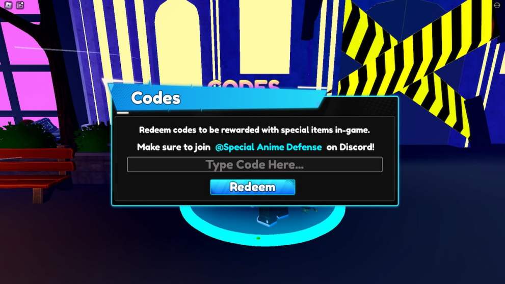 Codes redemption menu in Special Anime Defense