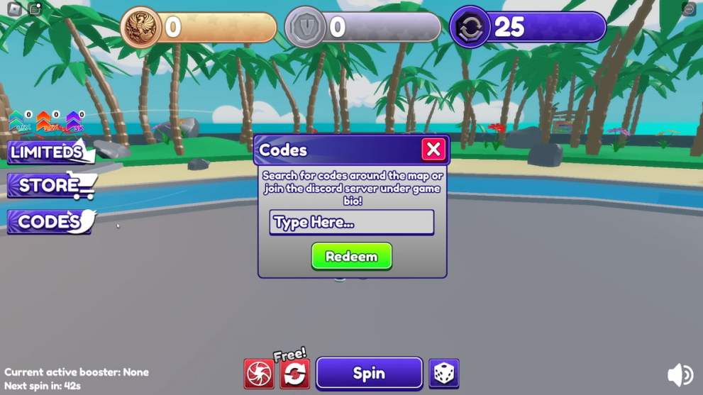 Codes redemption menu in Spin 4 Lims