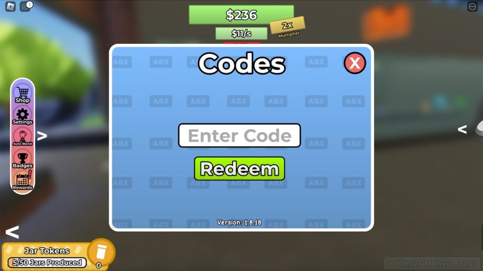 The code redemption screen in Smoothie Factory Tycoon.