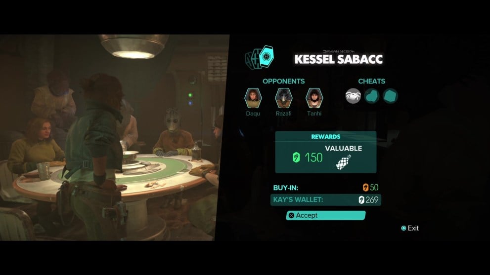 Playing Kessel Sabacc in Star Wars Outlaws to win & get more credits fast