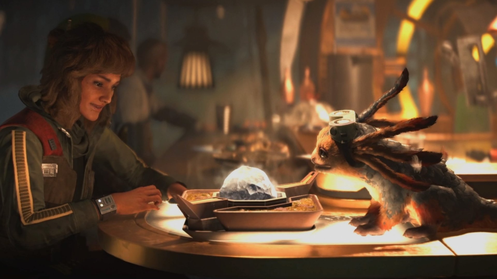 Kay & Nix in Star Wars Outlaws eating Duradan soup, one of the mini-games for collectibles