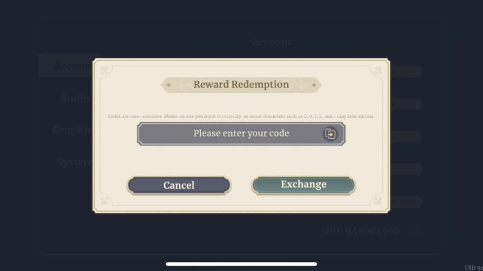 The code redemption page in Sword of Convallaria.