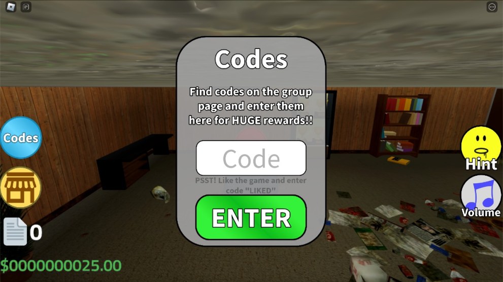 The code redemption screen in Tax Fraud Tycoon.