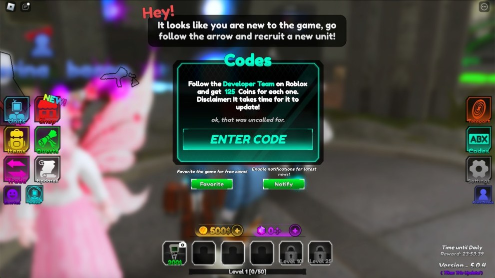 The code redemption screen in Titan Tower Defense.