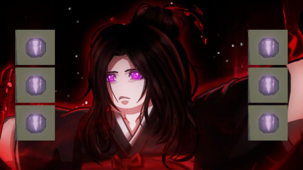 Type Soul character with black hair pale skin and purple eyes with hogyoku fragment icons around them