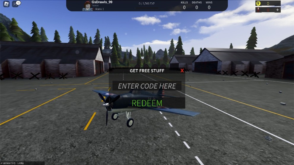 The code redemption screen in Wings of Glory.