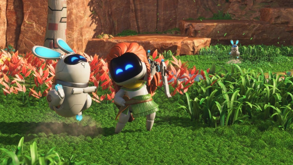 Astro Bot Alloy Bot Celebrating Defeat of Enemies With Bow and Arrows in Horizon Themed World