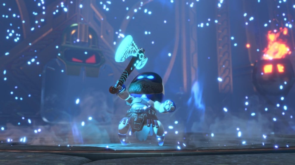 Astro Bot Holding up Kratos' Axe in God of War Themed World