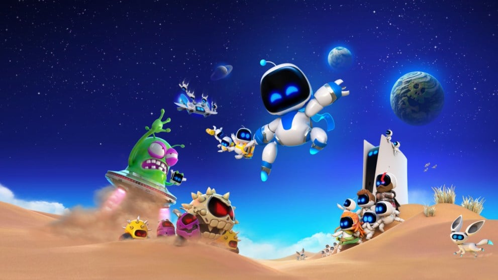 Astro Bot Leaping Into the Air With Enemies and Bots Clashing in the background (Best PS5 Exclusives)