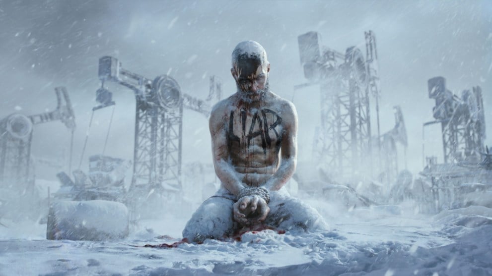 Frostpunk 2 Screenshot of Man Tied up and Left Out in Cold With Liar Written on Chest