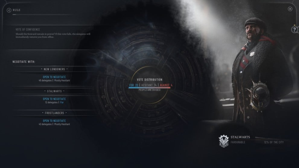 View of Stalwarts Faction Negotiations in Frostpunk 2